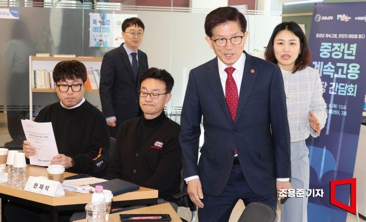 [포토] 중장년계속고용 간담회 참석하는 김문수 장관