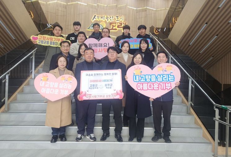 고령군 축산정책과와 성주군 축산과가 고향사랑기부제 상호 기부를 하고 기념촬영하고 있다. 고령군 제공