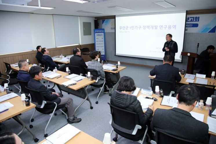 무안군의회 세미나실에서 의원 연구단체인 1인 가구 정책발전 연구회와 여성농업인 정책 연구회가 주관한 연구용역 최종 보고회를 하고 있다. 무안군의회 제공