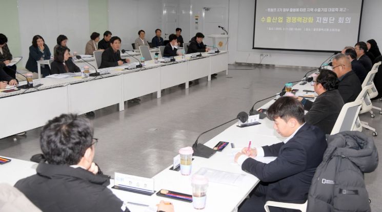 이상갑 광주시 문화경제부시장이 지난 11일 시청 소회의실에서 ‘수출산업 경쟁력 강화 지원단’ 회의를 주재하고 있다. 광주시 제공