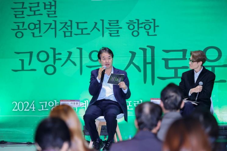 ‘2024 고양문화예술정책포럼’ 특별 대담하는 이동환 고양특례시장(왼쪽), 임희윤 음악평론가(오른쪽). 고양특례시 제공