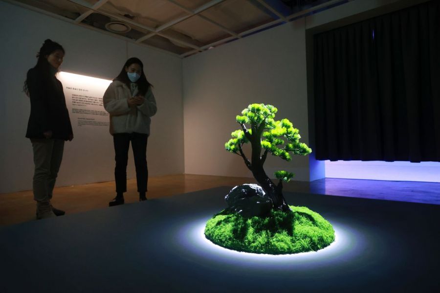 24일 오전 서울 종로구 세종문화회관 미술관에서 열린 '미음완보(微吟緩步), 전통 정원을 거닐다' 전시 언론공개회에서 참석자들이 미디어 아트 작품을 관람하고 있다. 연합뉴스