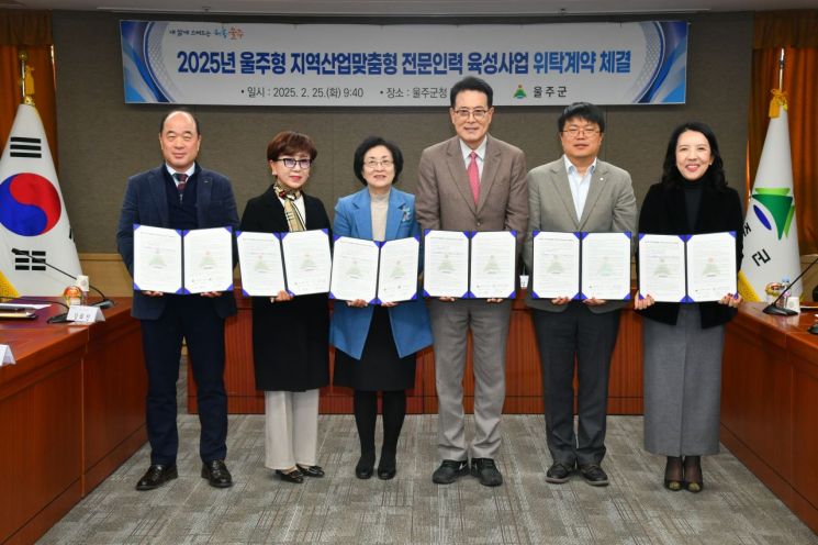울주군이 ‘울주형 지역산업맞춤형 전문인력 육성사업’ 수행기관과 업무협약을 체결하고 기념촬영하고 있다. 울주군 제공