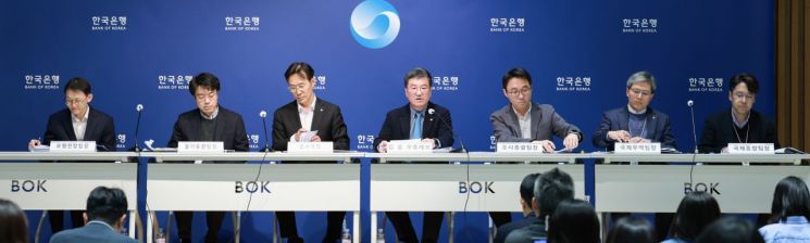 25일 오후 서울 중구 한국은행에서 열린 경제전망 설명회. (왼쪽부터) 박경훈 모형전망팀장, 가국 물가동향팀장, 이지호 조사국장, 김웅 부총재보, 박창현 조사총괄팀장, 백재민 국제무역팀장, 박세준 국제종합팀장. 한은 제공.