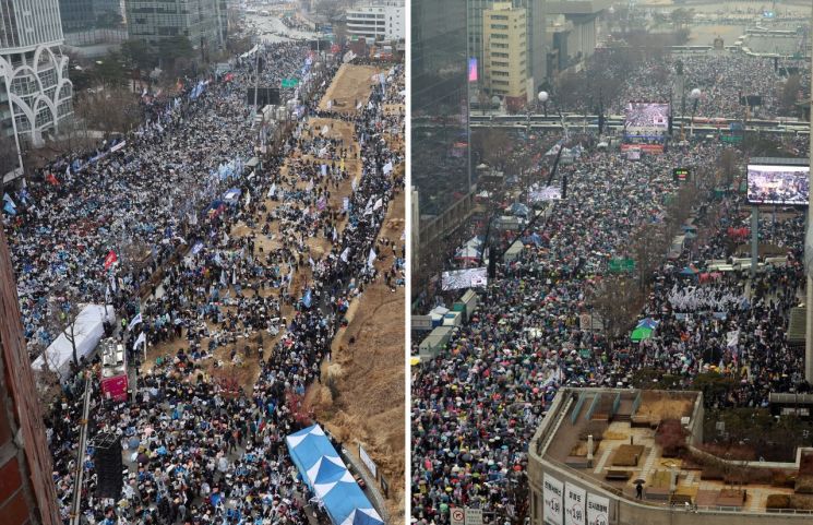 삼일절인 1일 서울 곳곳에서 윤석열 대통령 탄핵 찬반 집회가 열리고 있다.
왼쪽은 안국동 야 5당 공동 파면 촉구 범국민대회. 오른쪽은 세종대로 대한민국바로세우기국민운동본부 탄핵 반대 집회. 연합뉴스