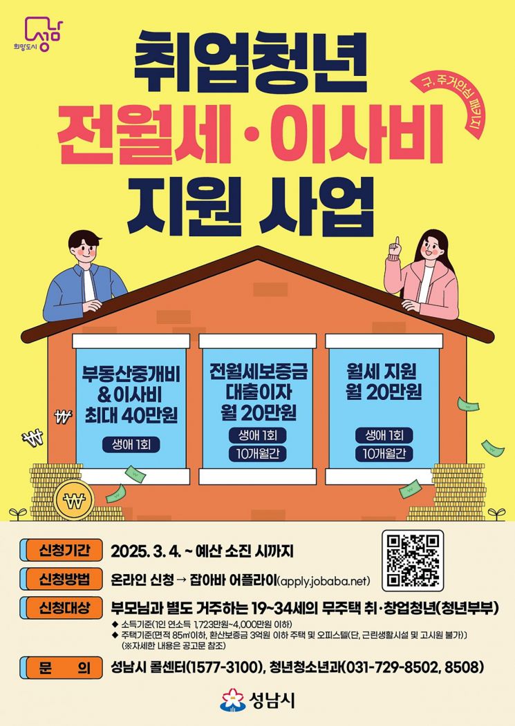 성남시, 취업 청년 전월세·이사비 지원…11억원 투입