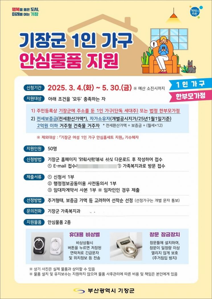 부산 기장군, 1인 가구 안심물품 지원사업 추진 