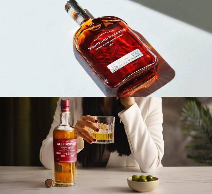 (윗쪽부터)브라운포맨의 위스키 '우드포드 리저브'와 ‘더 글렌드로낙 12년’