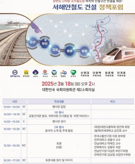 고창군, 18일 국회서 ‘서해안철도 건설 정책포럼’