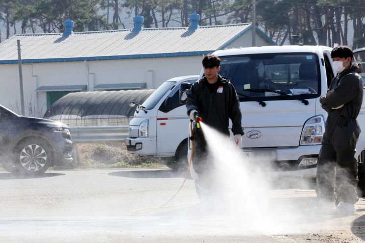 14일 오전 구제역이 발생한 전남 영암군 한 한우농장 앞에서 방역본부 관계자가 소독약을 살포하고 있다. 연합뉴스