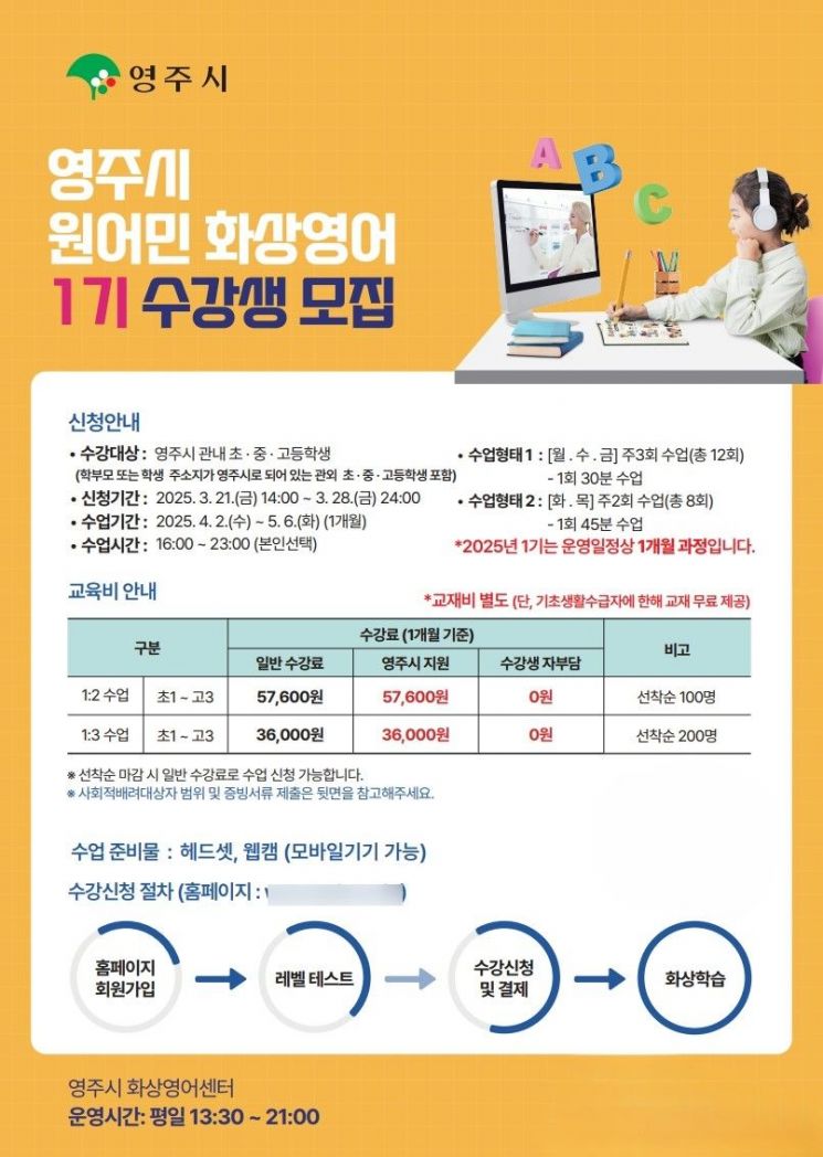 2025년 제1기 영주시 원어민 사이버 화상영어 수강생 모집 안내문.