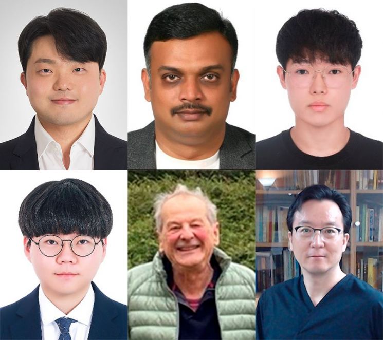 임해균 교수 연구팀. (위 왼쪽부터) 임해균 교수, Badrinathan Sridharan 박사, 박진형 석사과정생. (아래 왼쪽부터) 김대훈 박사과정생, Jean?Claude Vial 교수, 김광석 교수. 국립부경대 제공