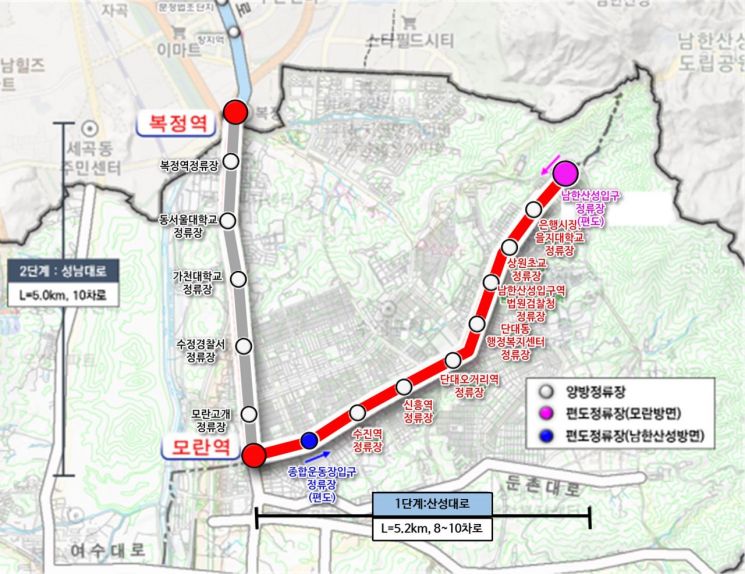 성남~복정 광역BRT 구축사업(1단계 산성대로) 위치도. 국토교통부 제공