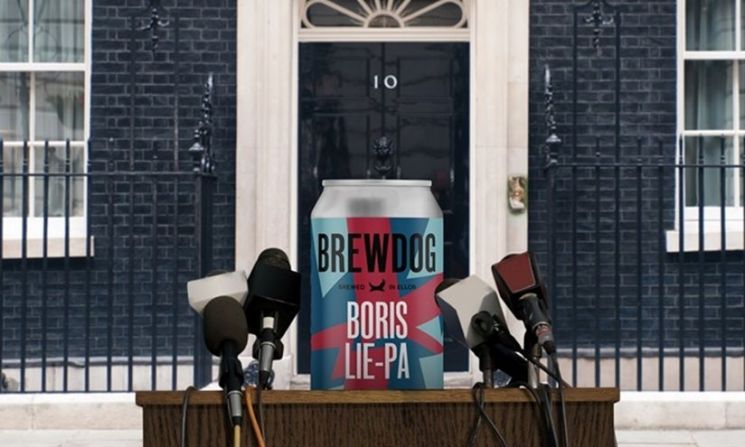 2022년 7월 영국 스코틀랜드 양조업체인 브루독(Brewdog)사에서 출시한 '보리스의 거짓말(Boris Lie)' 맥주 홍보 이미지. 브루독사 홈페이지