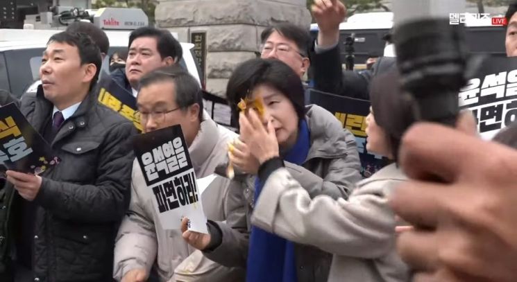 헌법재판소 정문 기자회견에서 시민에게 계란을 맞은 백혜련 더불어민주당 의원. 더불어민주당 유튜브.