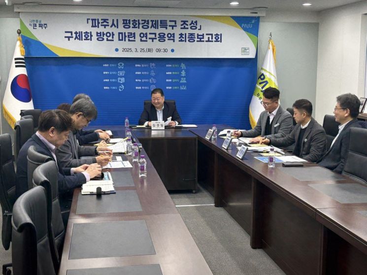 김경일 파주시장이 지난 25일 ‘파주시 평화경제특구 조성 구체화 방안 마련 연구용역’ 최종보고를 진행하고 있다. 파주시 제공