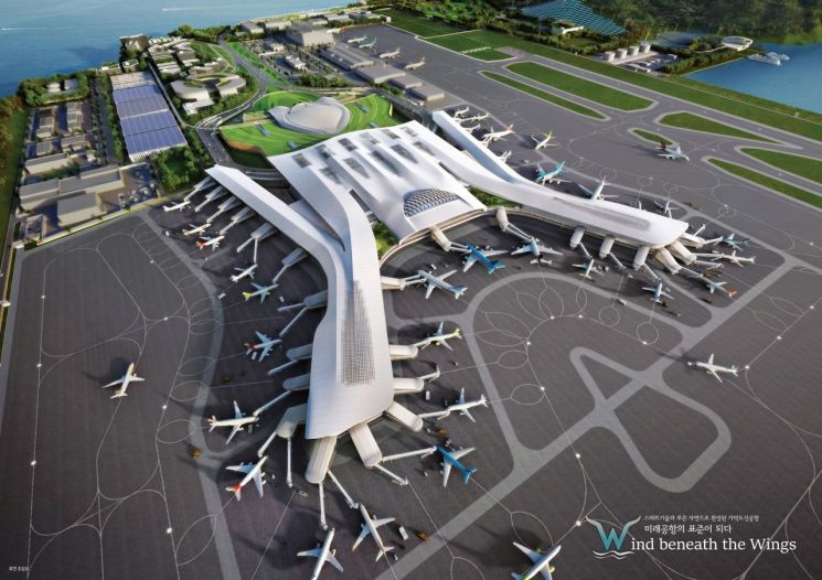 가덕도신공항 여객터미널 조감도. 여객터미널은 부산을 상징하는 갈매기가 날갯짓하며 비상하는 모습을 형상화한 디자인으로, 공항의 역동성과 상징성을 담았다. 국토교통부 제공