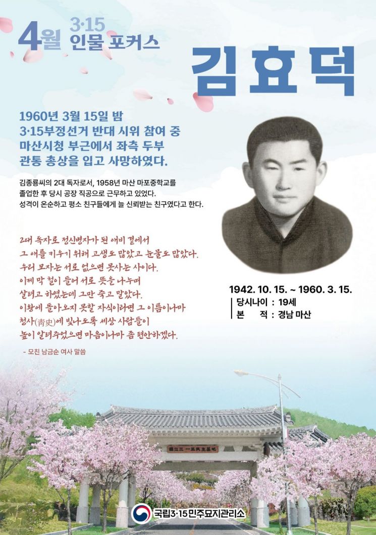 국립 3·15민주묘지관리소, 4월 '김효덕 열사' 인물포커스 선정