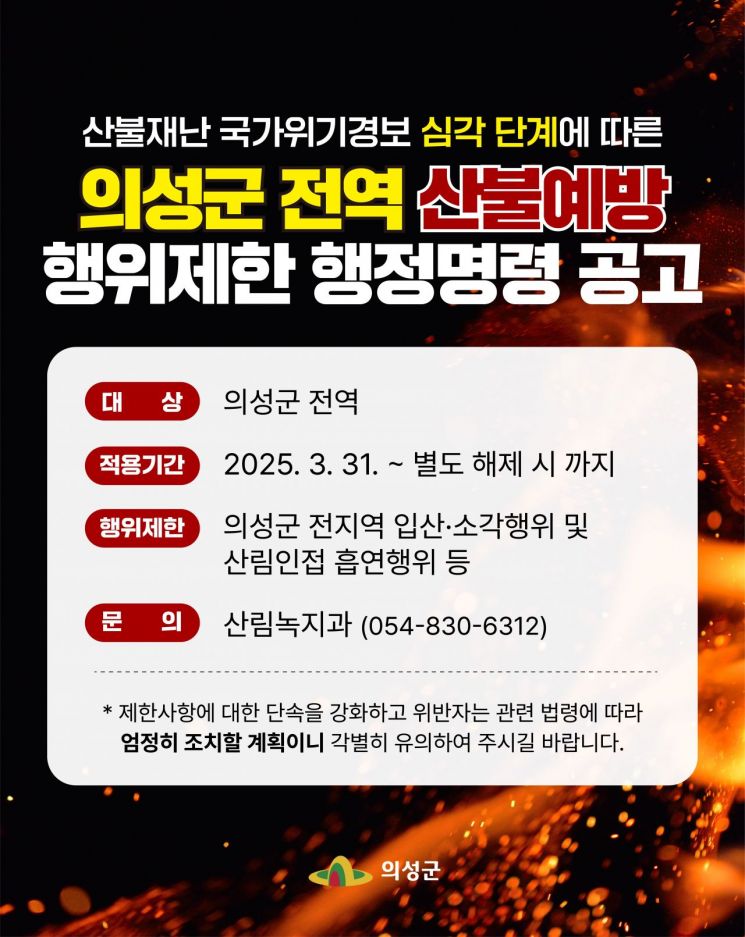 의성군, 산불위기 ‘심각’ 단계…전역 산림 출입 통제