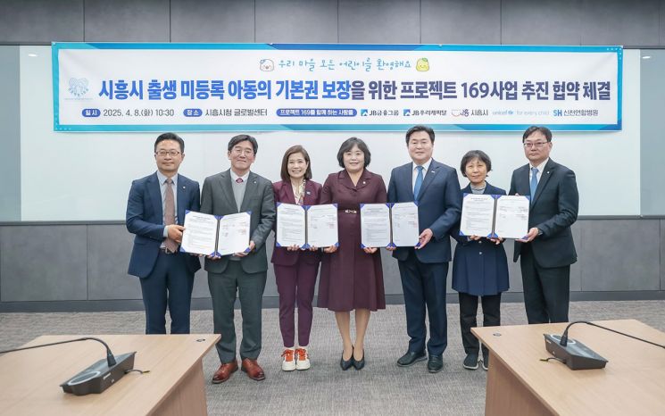 8일 시흥시청에서 개최된 '출생 미등록 아동의 기본권 보장을 위한 업무협약식'에서 최진석 JB금융그룹 대외협력본부 상무(왼쪽부터), 박춘원 JB우리캐피탈 대표, 조미진 유니세프한국위원회 사무총장, 오인열 시흥시의회 의장, 임병택 시흥시장, 김정은 신천연합병원 원장, 오기용 JB우리캐피탈 경영지원본부 상무가 협약서를 들어보이고 있다. 시흥시 제공시 흥 시 홍 보 담 당 관