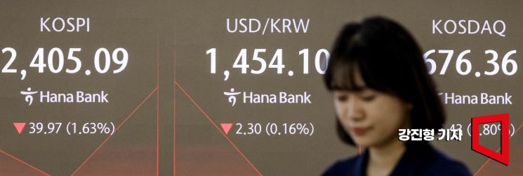 코스피가 전 거래일 대비 44.32포인트(1.81%) 하락한 2400.74에 개장한 11일 서울 중구 하나은행 딜링룸에서 딜러들이 업무를 보고 있다. 서울 외환시장에서 원달러 환율은 전 거래일 대비 2.4원 내린 1454원에 거래를 시작했다. 2025.4.11. 강진형 기자