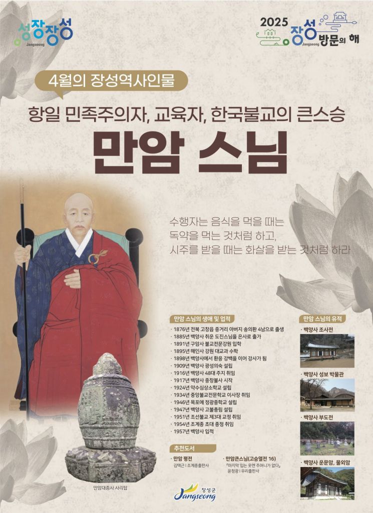 장성군, 4월의 역사인물에 ‘만암 스님’ 선정