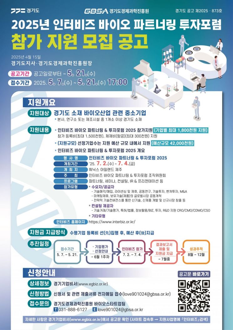 경기도, 7월 제주 '인터비즈 바이오 파트너링 & 투자포럼' 참가기업 모집