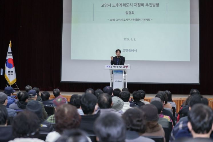 이동환 고양특례시장이 지난해 2월 4일 고양시 노후계획도시 재정비 추진 방향 설명회에서 설명하고 있다. 고양특례시 제공