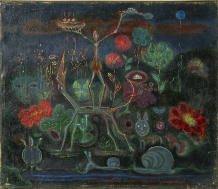 김욱규 '제목없음'(1970), 풀숲에 정체를 알 수 없는 생명체가 숨어있어 경외감과 두려움을 불러일으킨다. 국립현대미술관