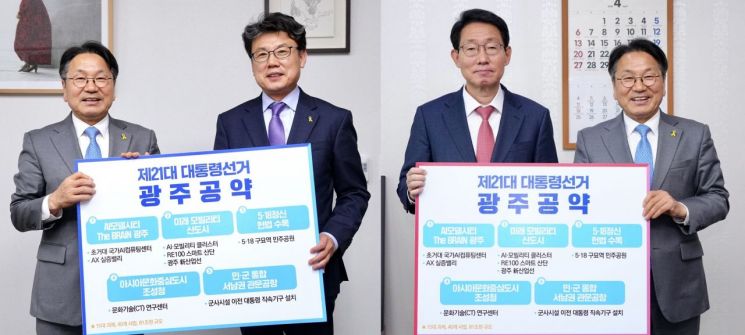 강기정 광주시장이 16일 국회에서 더불어민주당 진성준 정책위의장(사진 왼쪽)과 국민의힘 김상훈 정책위의장을 만나 광주시 21대 대통령선거 공약인 '광주의 제안'을 담은 피켓을 들고 기념 촬영을 하고 있다. 광주시 제공