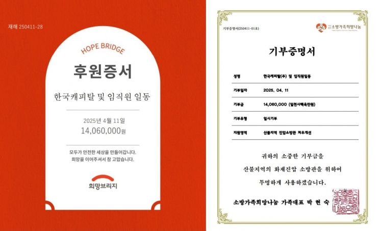 한국캐피탈, 산불 피해 복구 위해 2000만원 기부