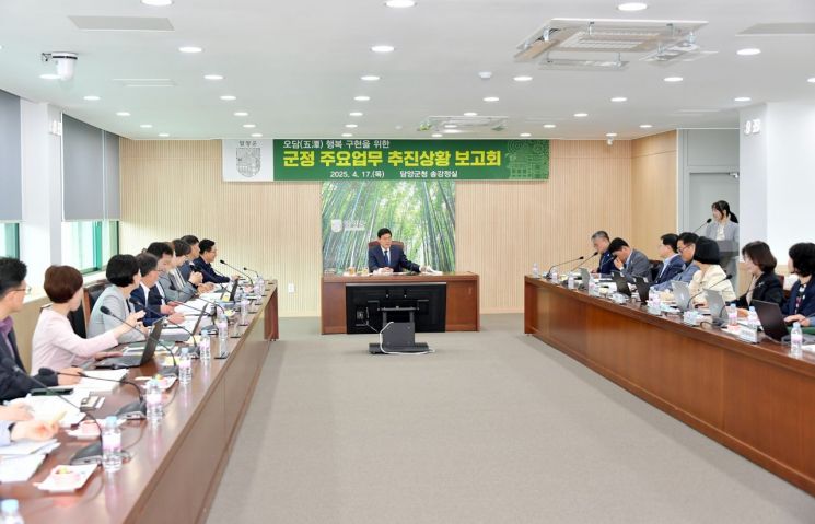 정철원 담양군수가 지난 17일 군청 송강정실에서 열린 '주요 업무 추진상황 보고회'를 주재하고 있다. 담양군 제공