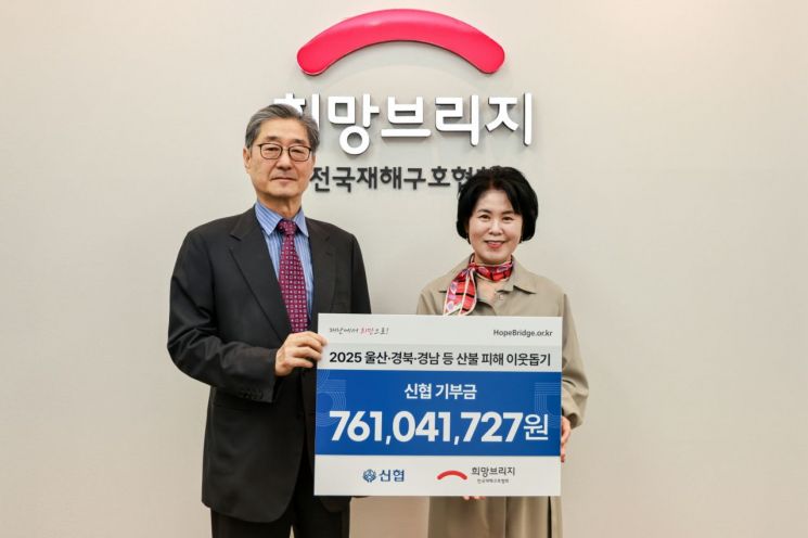 왼쪽부터 송필호 희망브리지 회장과 박규희 신협 행복나눔부문장이 산불 피해 지원을 위한 성금 기탁식 진행 후 기념촬영을 하고 있다. 희망브리지 제공