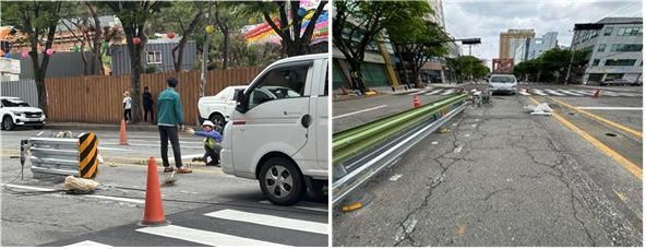 임성화 광주 서구의회 의원이 최근 간판 낙하 사고가 발생한 치평동 현장을 방문했다.임성화 의원실 제공
