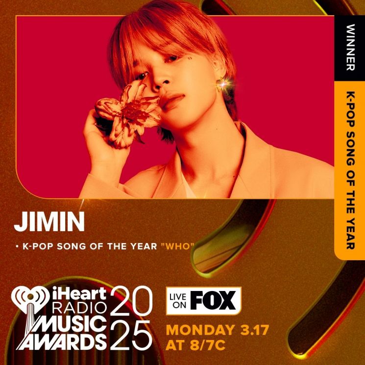 그룹 방탄소년단(BTS) 지민이 미국 로스앤젤레스에서 열린 미국 대중음악 시상식 '2025 아이하트라디오 뮤직 어워즈'에서 솔로 2집 타이틀곡 '후'(Who)로 '올해의 K팝 송'(K-pop Song of the Year) 상을 받았다고 2025 아이하트라디오 뮤직 어워즈가 지난달 18일 발표했다. 연합뉴스