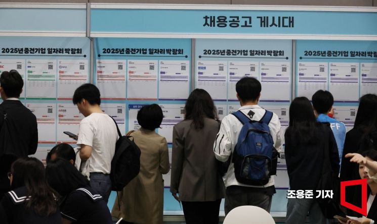 23일 서울 강남구 코엑스에서 열린 2025년 중견기업 일자리 박람회를 찾은 많은 구직자들이 채용공고 게시판을 살펴보고 있다. 2025.4.23 조용준 기자