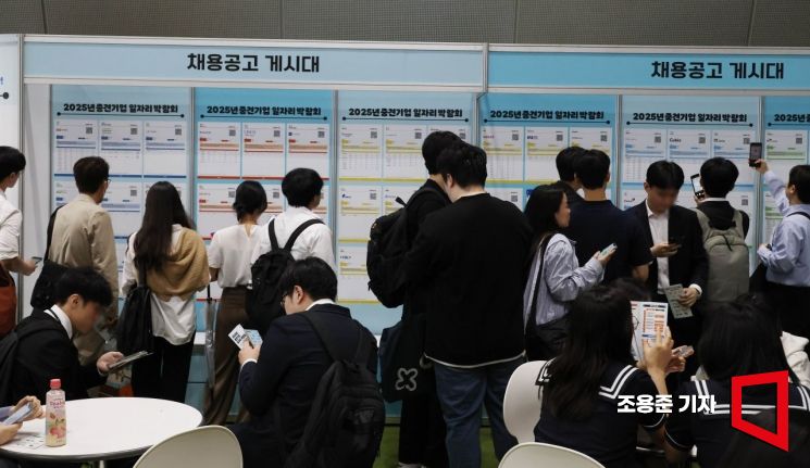 지난달 서울 강남구 코엑스에서 열린 2025년 중견기업 일자리 박람회를 찾은 구직자들이 채용공고 게시판을 살펴보는 모습