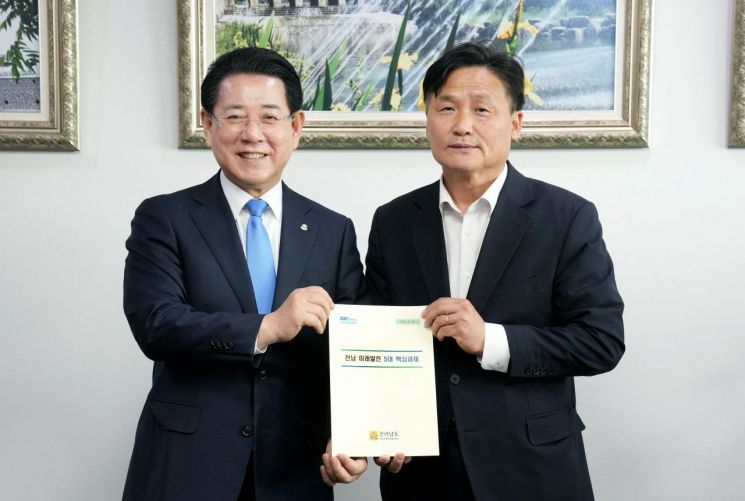 김영록 전라남도지사가 23일 서울 국회에서 김영진 더불어민주당 의원과 면담을 갖고 ‘전남 미래발전 5대 핵심과제’ 및 ‘지역 핵심 사업’ 등 도 현안 해결을 위한 건의 및 협조를 요청하고 있다. 전남도 제공