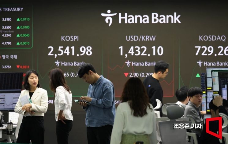 서울 중구 하나은행 본점 딜링룸에서 딜러들이 업무를 보고 있다. 조용준 기자