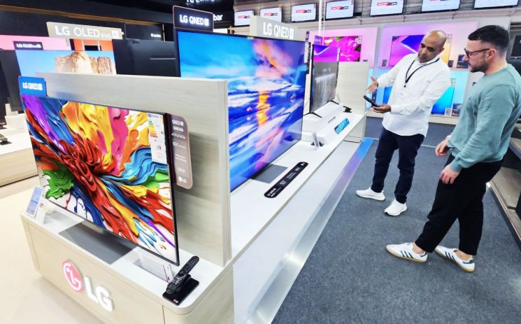 독일 프랑크푸르트 지역에 위치한 가전 매장인 미디어 마크트 직원이 고객에게 LG QNED TV의 인공지능(AI) 기능에 대해 설명하고 있다. LG전자 제공