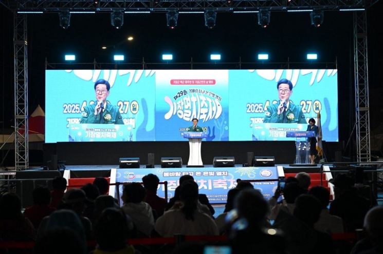 정종복 기장군수가 복군 30주년과 기장군민의 날 기념 행사에서 기념사를 하고 있다. 기장군 제공