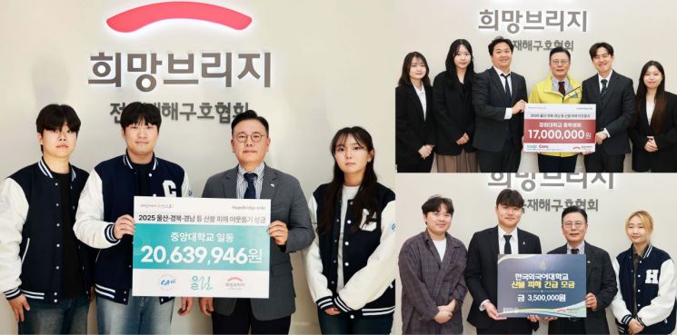 왼쪽부터 중앙대, 오른쪽 위 경희대, 오른쪽 아래 한국외대 등이 산불성금을 기부하고 기념촬영하고 있다. 희망브리지