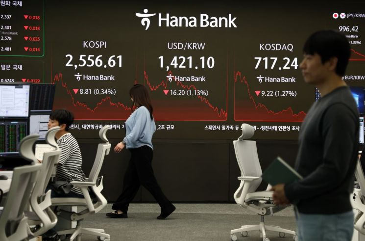 코스피 지수가 전장보다 8.81포인트(0.34%) 내린 2,556.61로 마감한 30일 서울 하나은행 본점 딜링룸에서 딜러들이 업무를 보고 있다. 연합뉴스