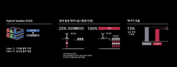 형광과 인광의 발광 메커니즘을 설명해놓은 그림. 사진=LG디스플레이 제공