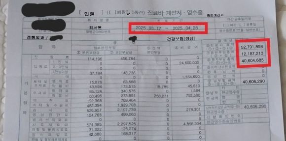 최서원 씨의 딸 정유리 씨가 공개한 최씨의 진료비 계산서 영수증 일부. 지난 3월17일부터 4월28일까지 받은 진료에 대해 약 4000만원의 환자부담총액이 적혀 있다. 정씨 페이스북