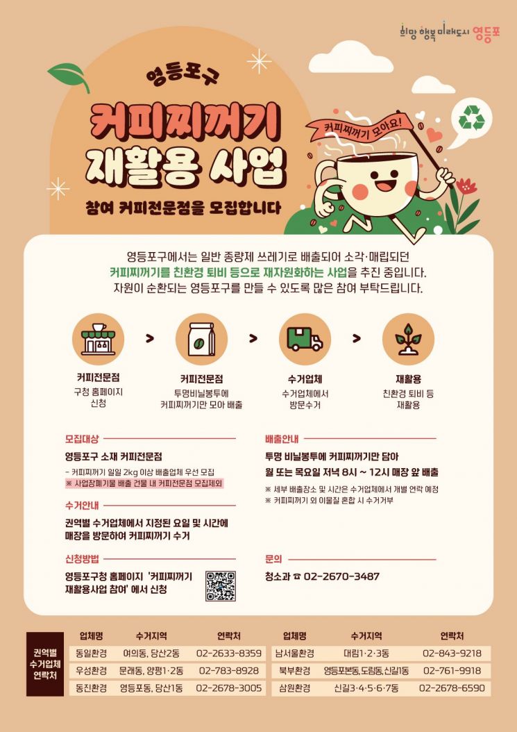 커피 찌꺼기도 자원이 된다… 영등포구 '커피박 재활용' 함께할 커피 전문점 모집
