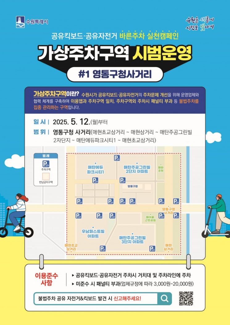수원시, 공유자전거·킥보드 주차문제 개선…가상주차구역 시범운영