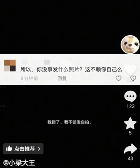리앙을 탓하는 누리꾼의 댓글. "그래서 왜 사진을 올렸냐. 당신 탓이다"라는 내용이 담겼다. 리앙 SNS