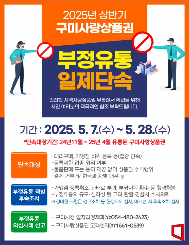 경북 구미시가 구미사랑상품권 부정유통 멈춰!…구미시  일제단속 실시 안내 홍보 포스터
