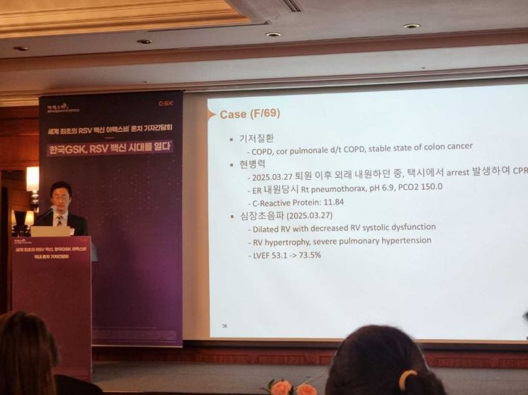 문지용 건국대병원 호흡기-알레르기내과 교수가 14일 서울 강남구 그랜드 인터컨티넨탈 서울 파르나스에서 열린 아렉스비 한국 출시 기념 기자간담회에서 발언하고 있다. 사진=최태원 기자